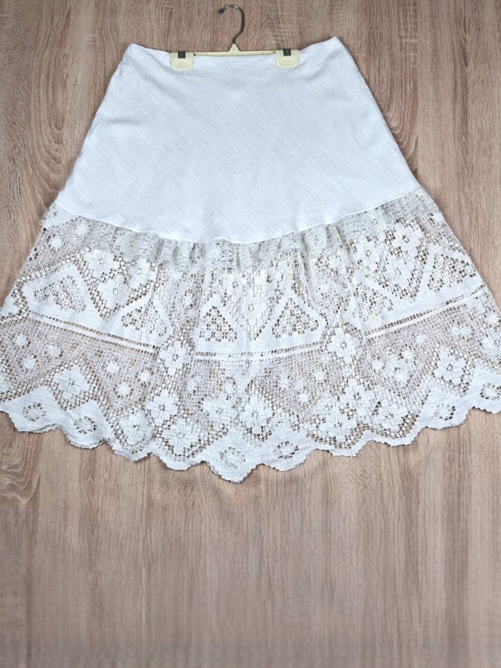 Upcycled OOAK Sz M / L Linen Blend White Lace Midi Skirt Cottagecore Boho Rework